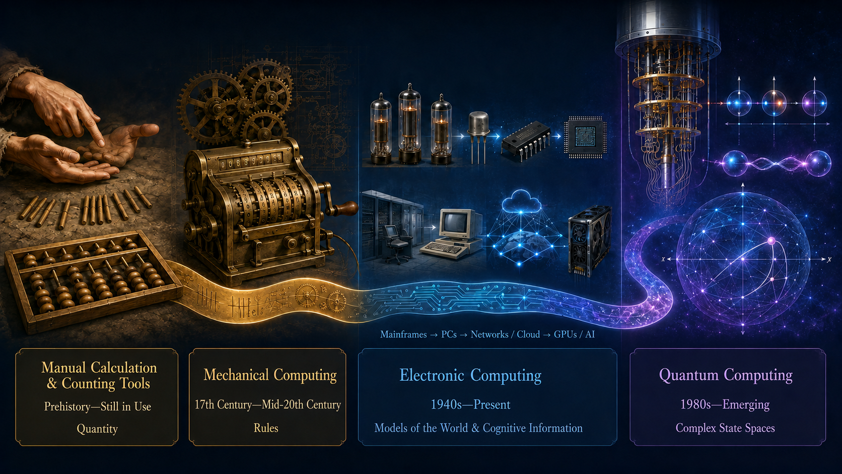Figure 1 | From counting tools to quantum systems: the evolution of the physical substrate of human computation